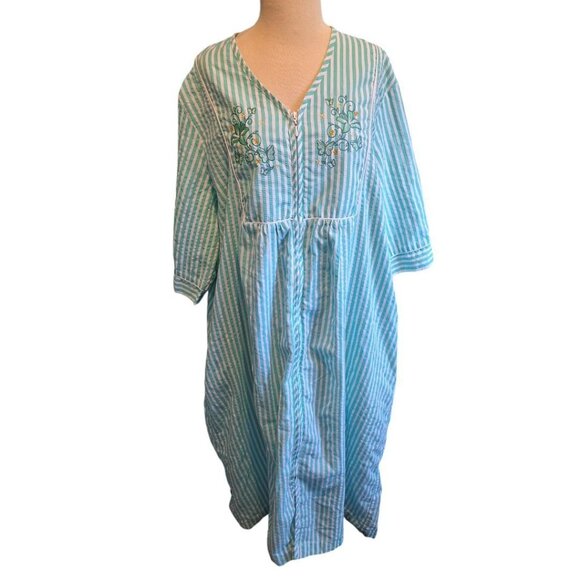 Collections Etc Womens House Dress Moo Moo XL Green White Stripe Embroidery Zip - Picture 1 of 8